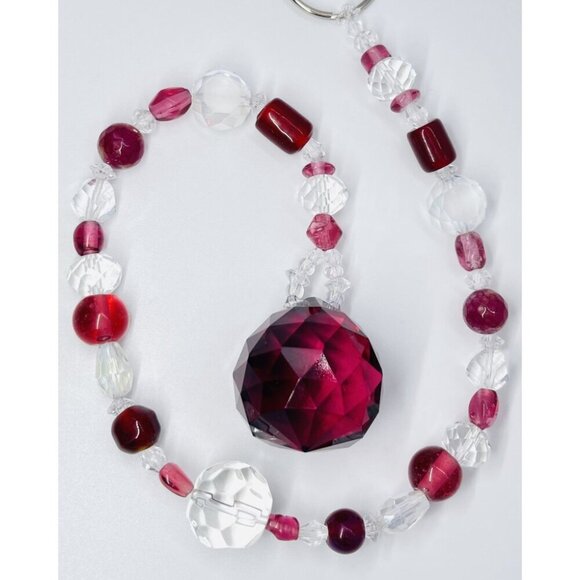 Beaded Suncatcher Clear & Maroon Crystal Prism Hanging Patio Decor Yard Art - Picture 7 of 9